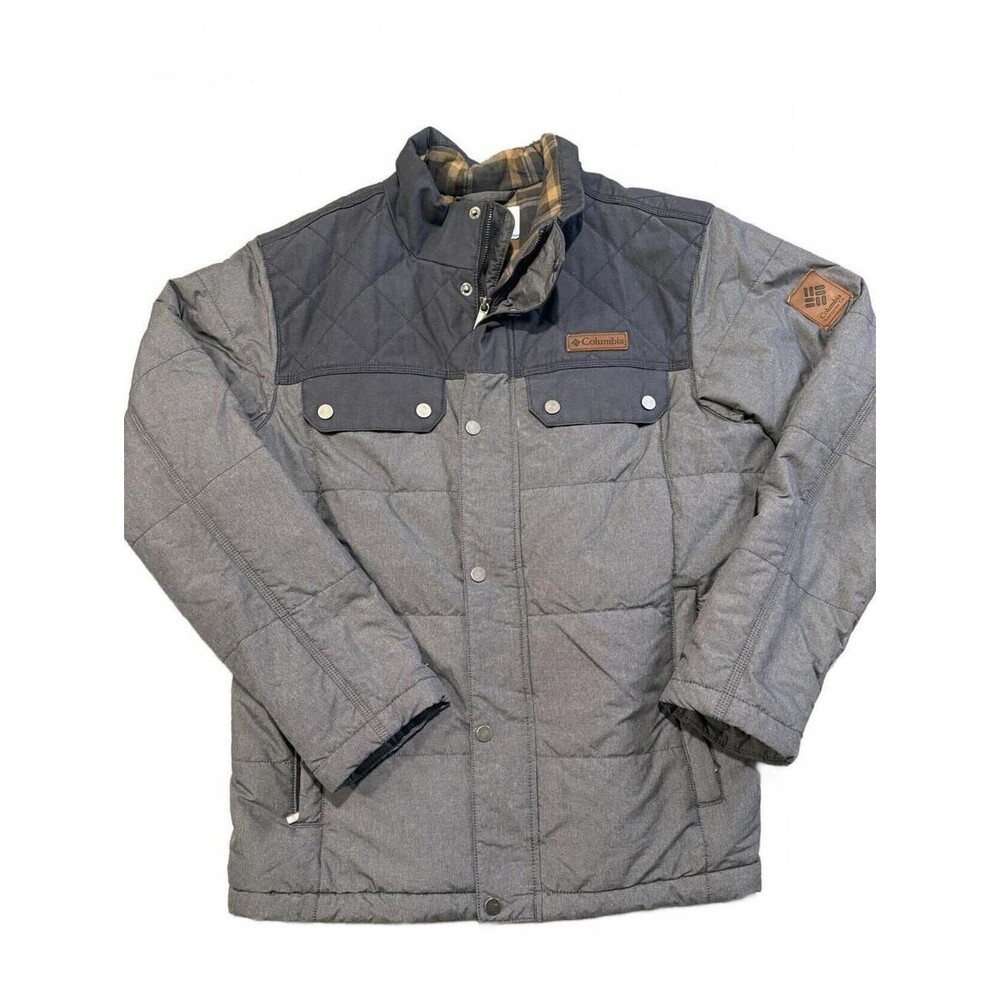 Columbia Jacket Men’s Medium Gray Quilted Plaid Lined Puffer Utility Coat